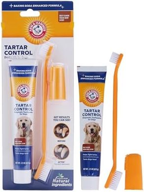 Arm & Hammer for Pets Tartar Control Kit for Dogs | Contains Toothpaste, Toothbrush & Fingerbrush | Reduces Plaque & Tartar Buildup | Safe for Puppies, 3-Piece , Beef Flavor