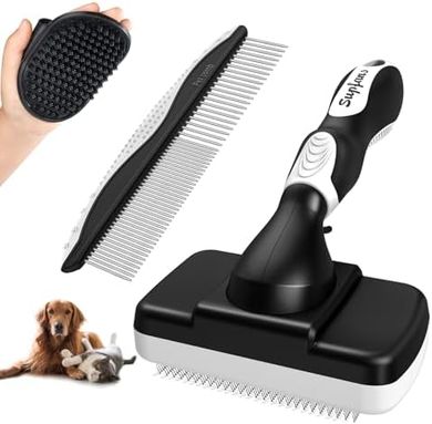 Dog Grooming Kit: 3 Brushes & Comb for Shedding & Bathing (White/Black)