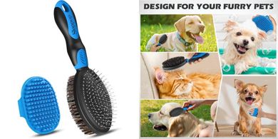 Double-sided dog grooming brush for short & long hair (black/blue)
