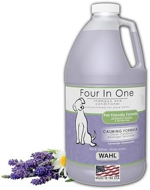 Wahl 4-in-1 Calming Pet Shampoo: Cleanses, conditions, detangles, moisturizes.
