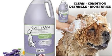 Wahl 4-in-1 Calming Pet Shampoo: Cleans, conditions, detangles, moisturizes.
