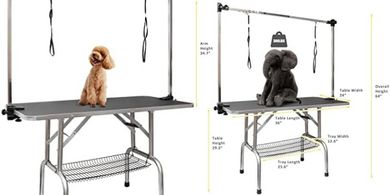 ROOMTEC Foldable Dog Grooming Table: Adjustable Height, Arm & Mesh Tray