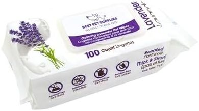 Lavender Pet Grooming Wipes (100-pack): Plant-based, calming, for dogs & cats.
