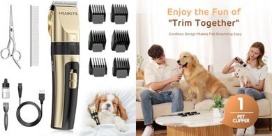 Quiet Cordless Dog & Cat Clippers with Adjustable Comb (Gold)
