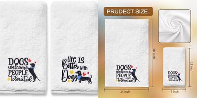 Embroidered Dog Hand Towels: Soft Cotton, 14x30", Set of 2
