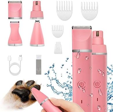 Pink Rechargeable Cordless Pet Grooming Kit: Clippers, Trimmer, Grinder, Shaver