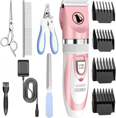 Ceenwes Cordless Pet Grooming Kit (Pink): Clippers, Scissors, Comb Guides