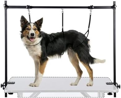 Heavy-duty, adjustable H-arm dog grooming table clamp (32"-50" width).
