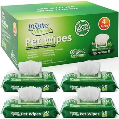 Inspire Naturals Pet Wipes: 200-count, plant-based, deodorizing wipes for dogs & cats.